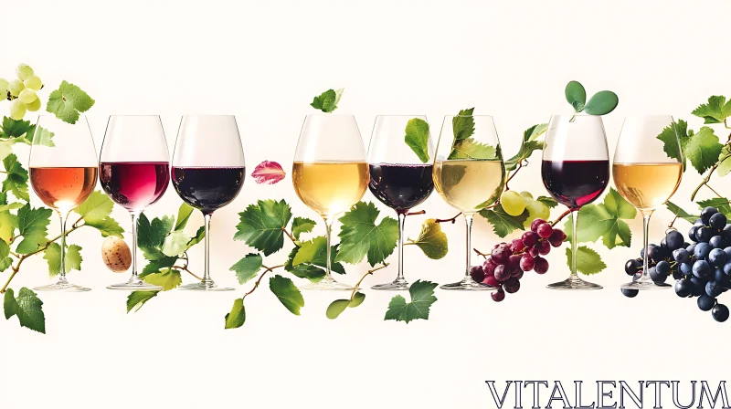 AI ART Wine Glasses with Grape Leaves and Grapes