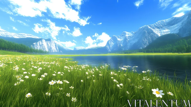 AI ART Scenic Mountain Lake with Wildflowers