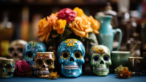 Colorful Sugar Skulls - A Symbolic Tabletop Arrangement
