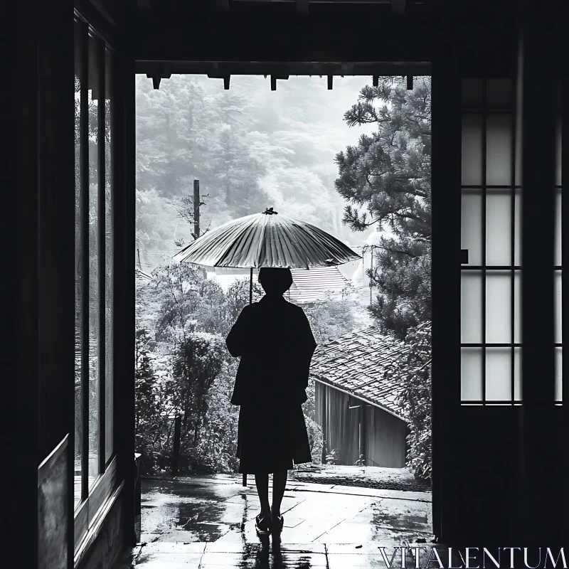 Monochrome Silhouette of Woman in Rain AI Image