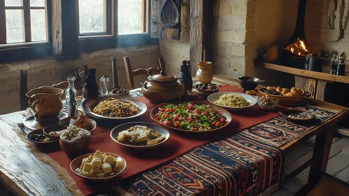 Traditional Dishes on Wooden Table