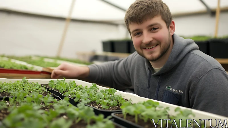 Greenhouse Seedlings with Smiling Gardener AI Image