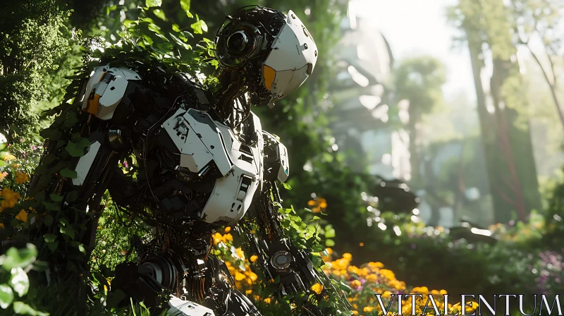 Cyborg in Flower Garden AI Image