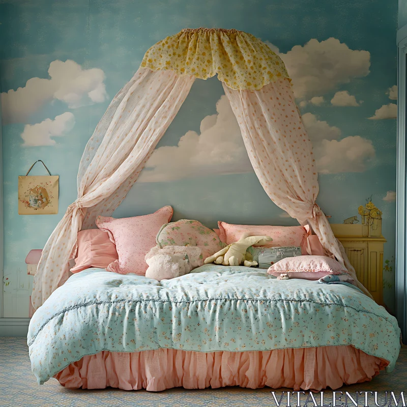 AI ART Serene Bedroom with Floral Canopy Bed