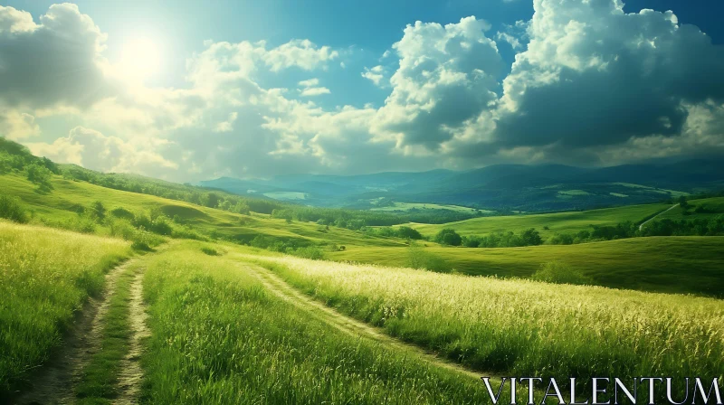 AI ART Serene Green Field Vista with Winding Path