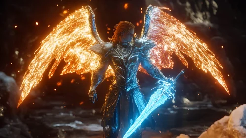 Fiery Winged Warrior with Frozen Blade