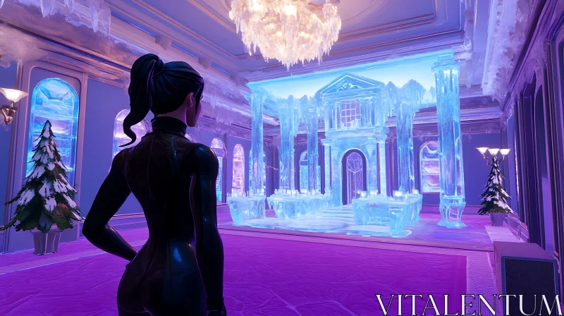 Woman Staring at Ice Palace Interior AI Image