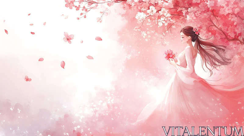 Pink Dress Girl Under Blossom Tree AI Image