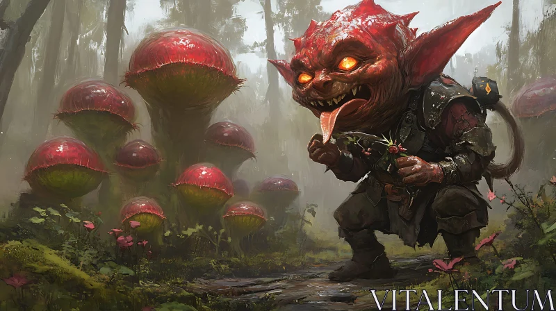 Red Goblin in Mushroom Forest AI Image