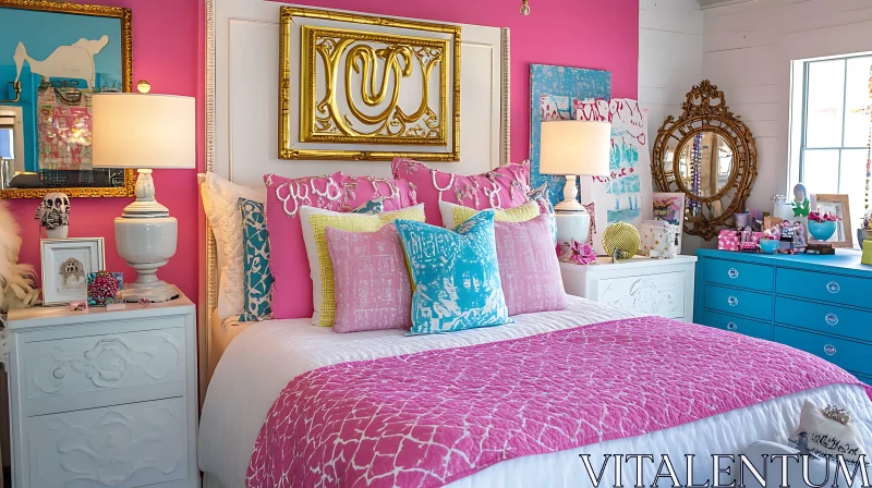 Colorful Bedroom with Pink Accents AI Image