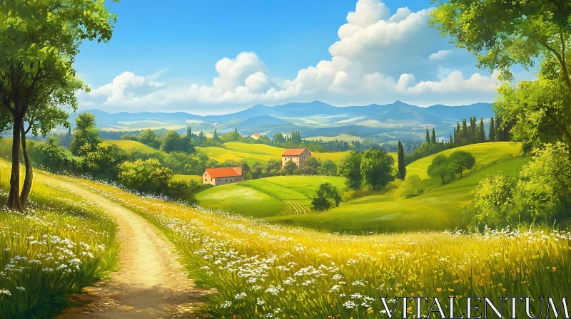 Idyllic Rural Landscape with Houses AI Image