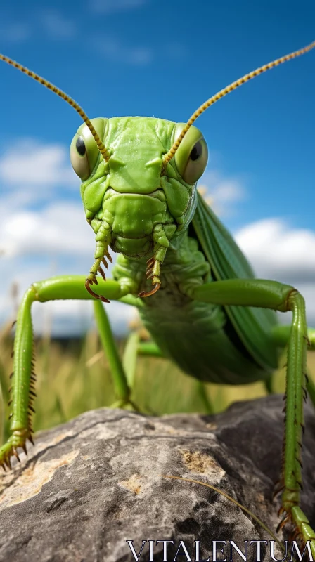 Green Grasshopper Portrait: A Study of Bold Saturation and Strong Expressions AI Image