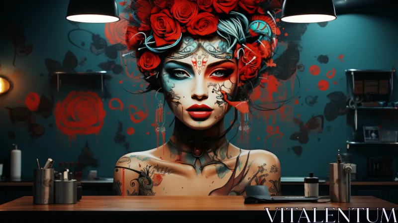 Intriguing Tattoo Art in Dark Turquoise and Light Red AI Image