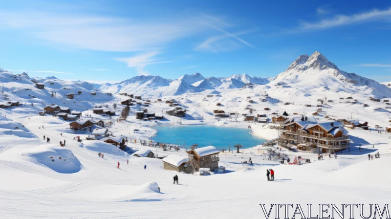 Snow-Covered Ski Resort Amidst Mountains in French Landscape Style AI Image