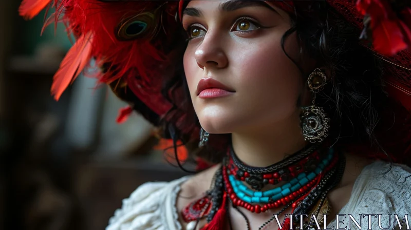 Striking Portrait of a Young Woman with Feathered Hat and Necklace AI Image