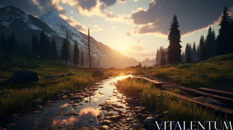 Sublime Wilderness: Serene Valley with Creek and Trees at Dusk AI Image