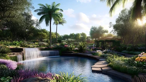 Serene Waterfall and Pond Garden View