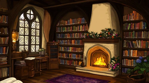 Cozy Library Room with Warm Fireplace