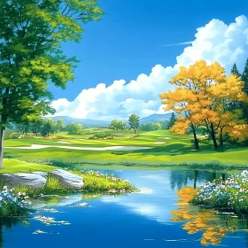 Peaceful Waterside Golf Course Scene