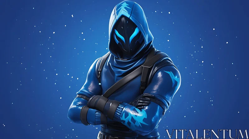 Blue Hooded Character with Crossed Arms AI Image