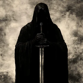 Dark Figure Holding Sword in Monochrome