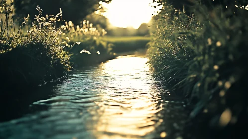 Sunlit River Flowing Through Grassy Landscape