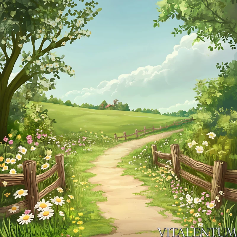 AI ART Tranquil Path Through Blooming Meadow