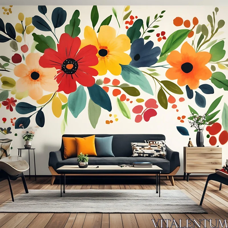 AI ART Modern Living Room with Floral Design