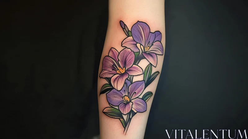 Purple Floral Tattoo Art on Forearm AI Image