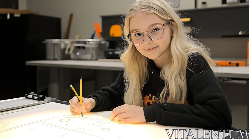 Girl Drawing with Pencils in Study Environment AI Image