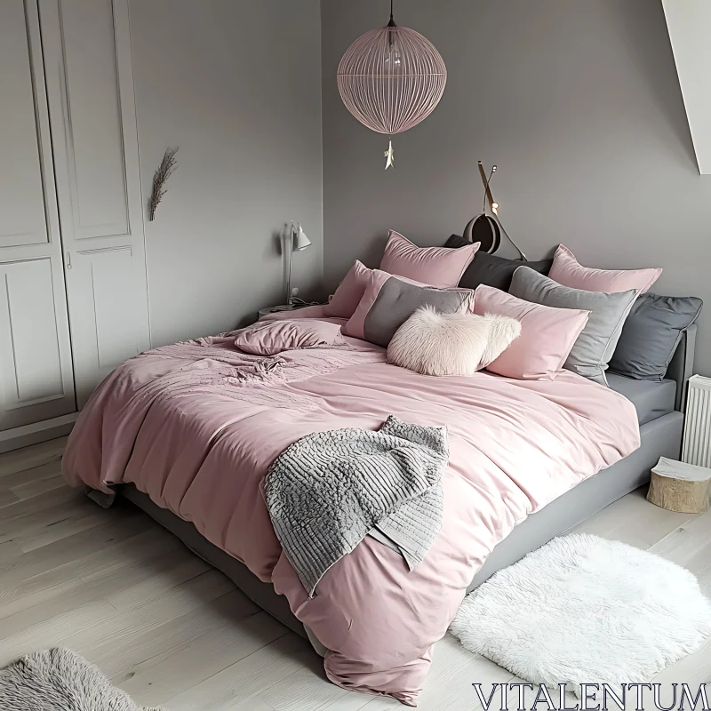 AI ART Cozy Bedroom with Pink Bedding