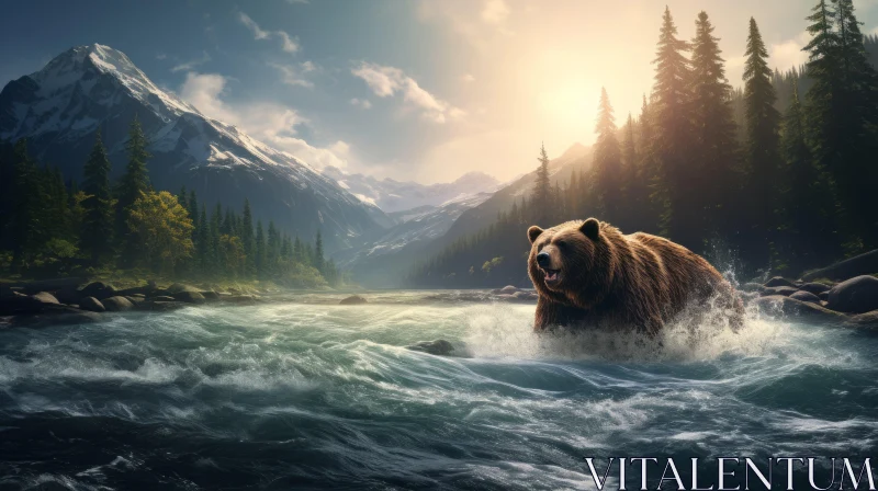 Bear Amidst Mountain River and Waterfall - Adventure in Wilderness AI Image