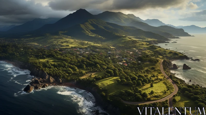 Captivating Aerial View of Mountains and Seaside | Moody Lighting AI Image