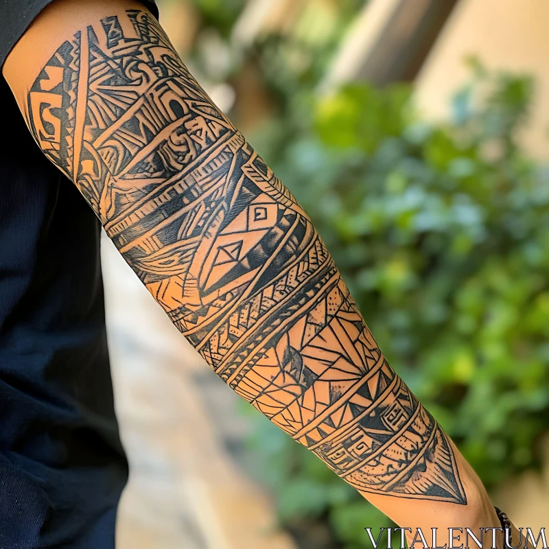 Detailed Black Ink Tribal Arm Tattoo AI Image