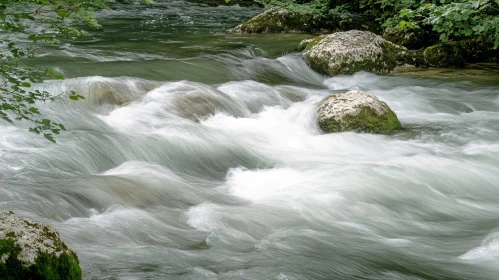 Peaceful River Scene with Flowing Water and Green Surroundings