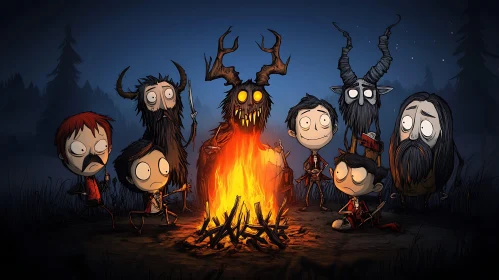 Eerie Campfire Gathering with Cartoon Figures