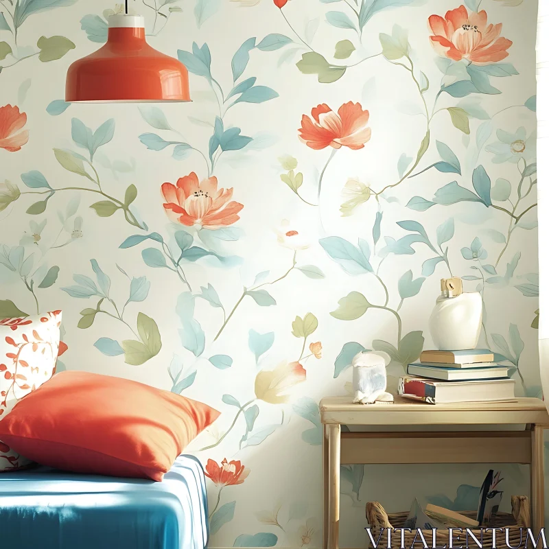 Room with Floral Wallpaper and Bed AI Image