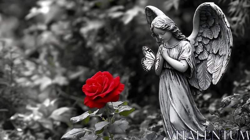 Monochrome Angel with Red Rose AI Image