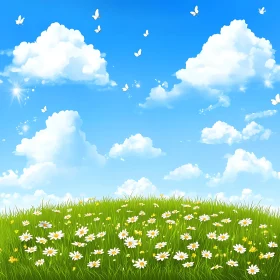 White Flowers and Blue Sky Landscape