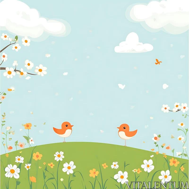 Peaceful Birds on Floral Hill Illustration AI Image