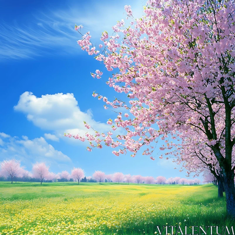 AI ART Pink Blossoms and Yellow Field Scenery