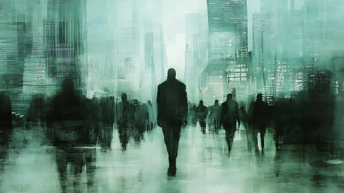 Urban Teal: A Cityscape of Anonymous Figures