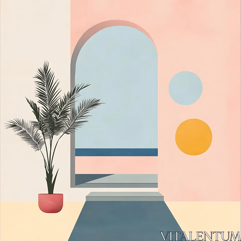 Geometric Interior with Palm and Pastel Colors AI Image