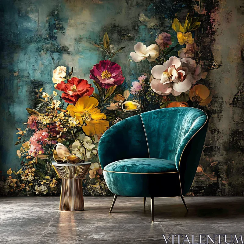 AI ART Vintage Interior with Teal Velvet Chair