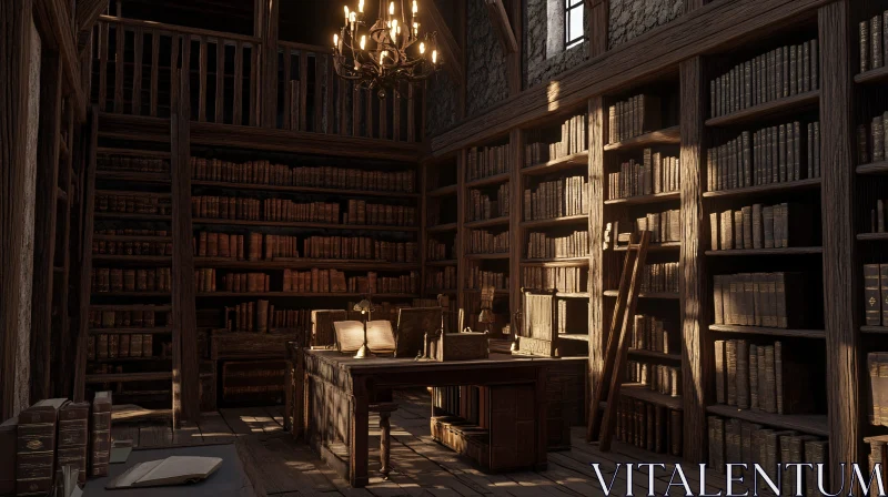 AI ART Old Library Interior with Wooden Furniture