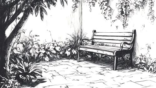 Monochrome Park Bench Amidst Foliage