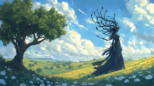 Enchanting Meadow with Mystical Tree Spirit