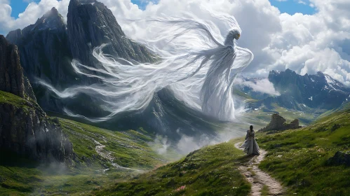 Serene Mountain Path with Angelic Figure