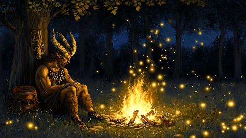 Forest Faun Contemplation by Fire