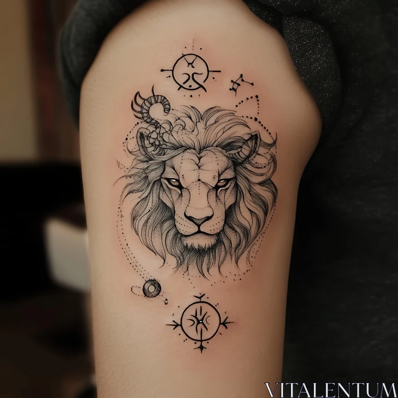 Lion Head and Zodiac Symbols Tattoo AI Image